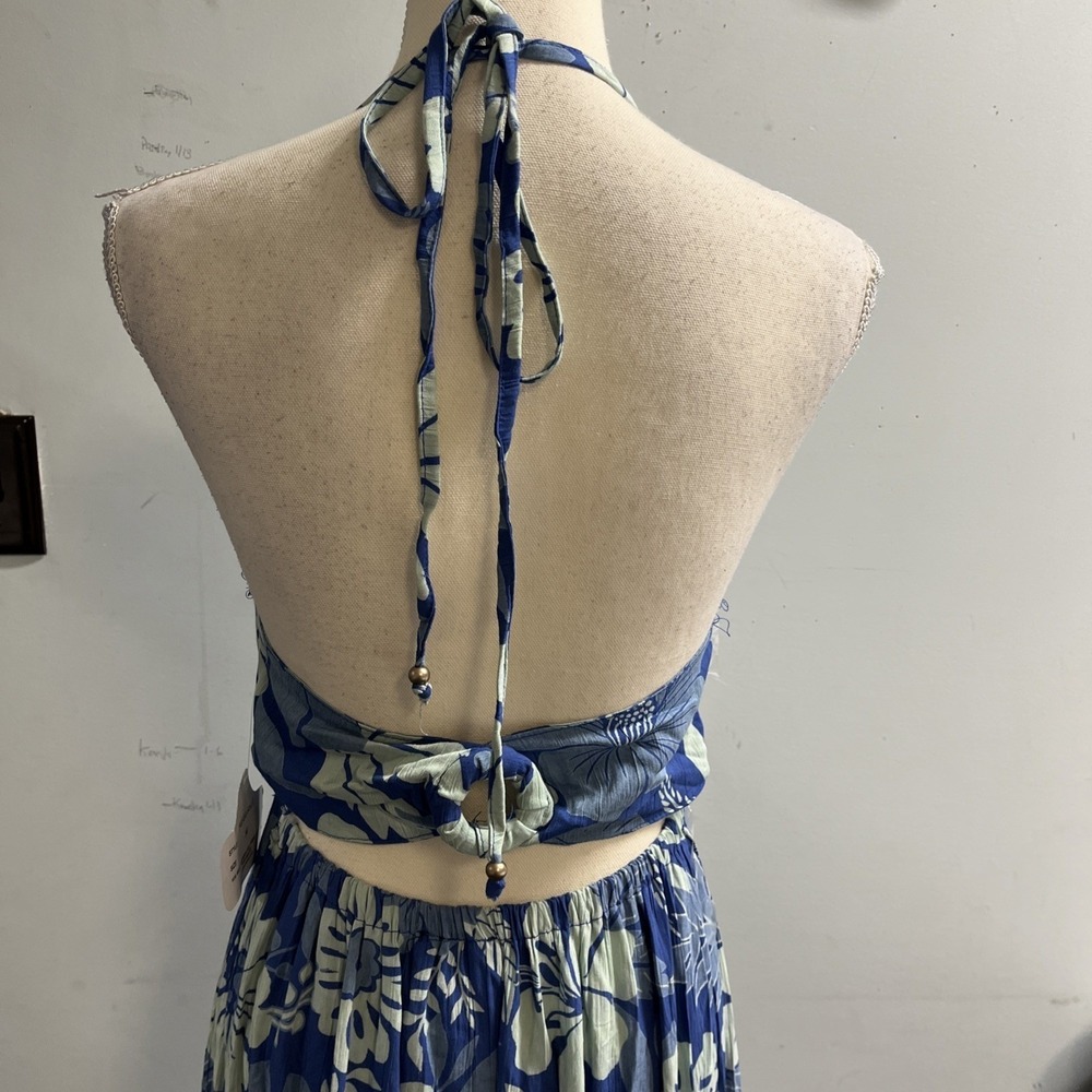 Angie Dress Blue Floral Babydoll Halter Tiered Maxi Size M Tropical Vacation - Picture 4 of 16